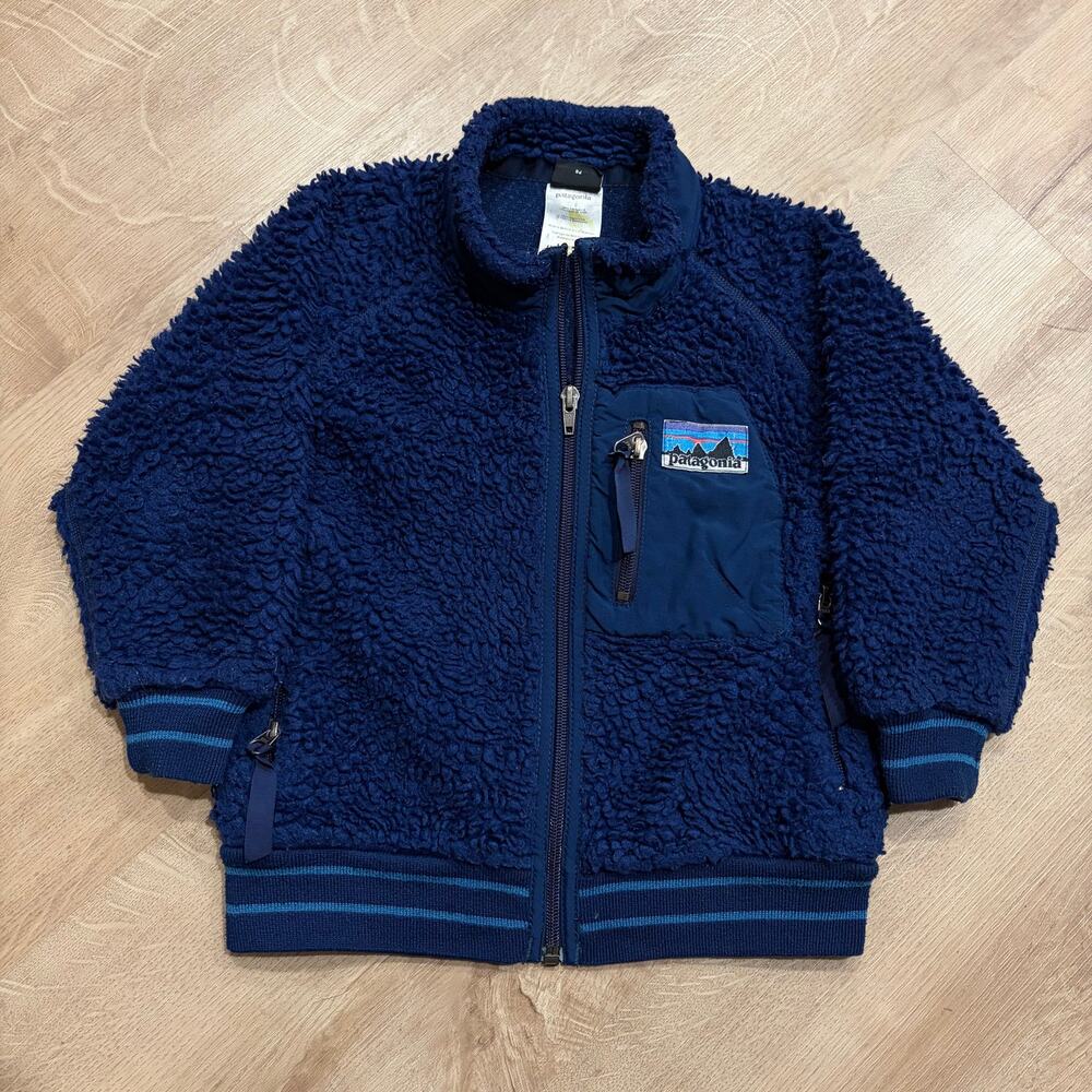 Patagonia Vintage Retro Deep Pile Fleece Cardigan Jacket Kids XXS 3-4 Blue